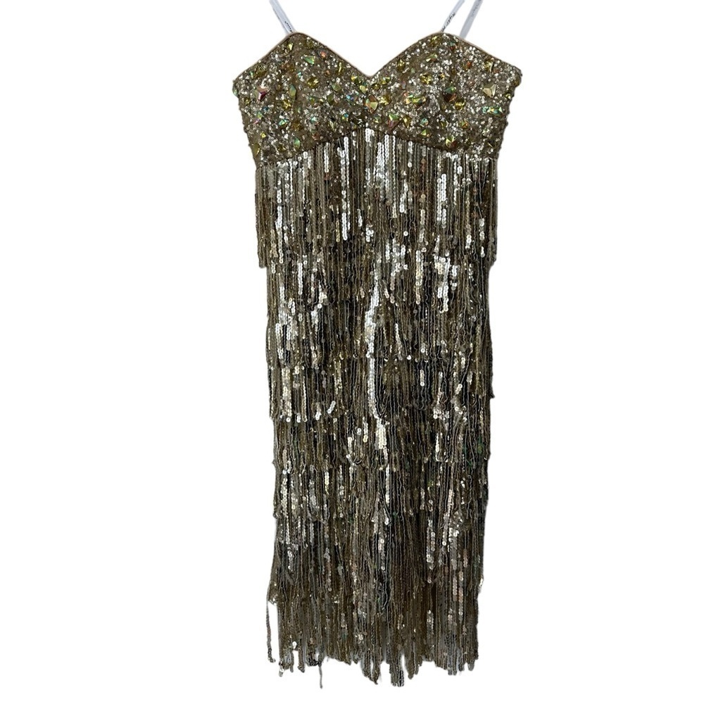 Night Moves by ALLURE Gold Sequin Evening Flapper Gatsby Strapless Dress, 10
